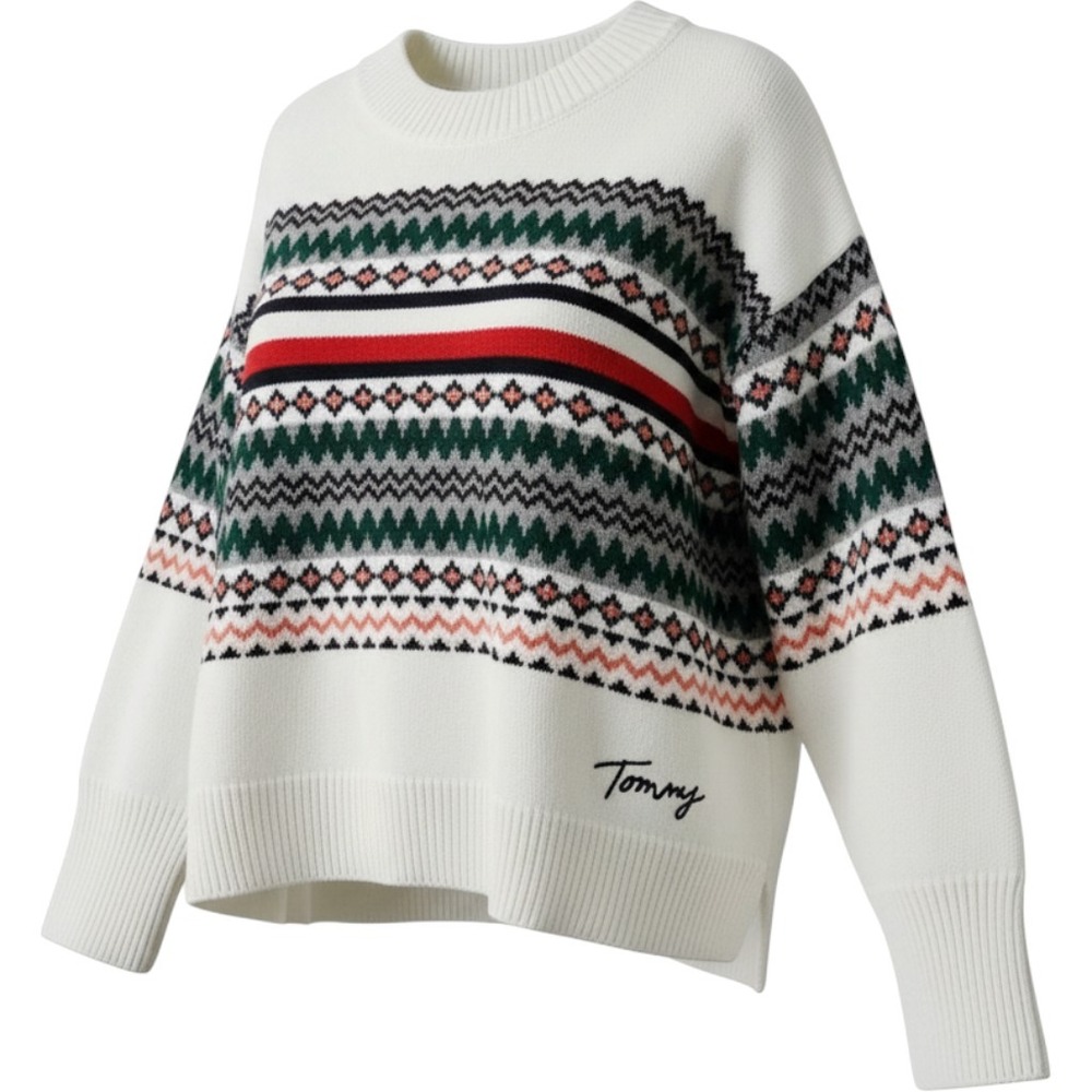 Tommy Hilfiger Womens Fair Isle Crew Neck Sweater White Green Red M TJEBSK088E